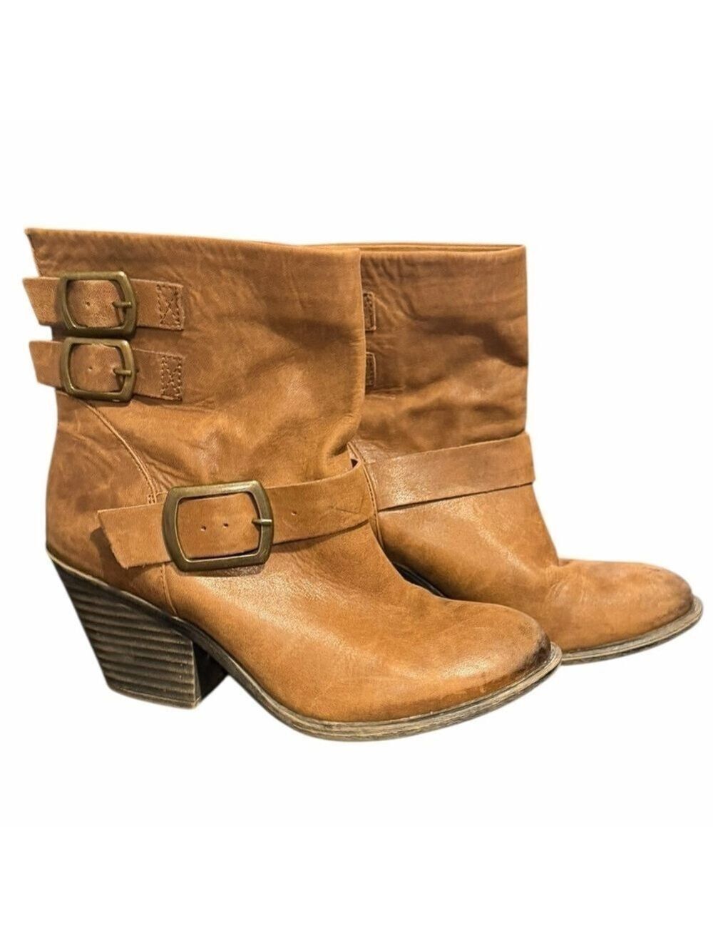 Lucky Brand Tommie Boots Triple Buckles Distressed Leather Heels Ankle Boots 10